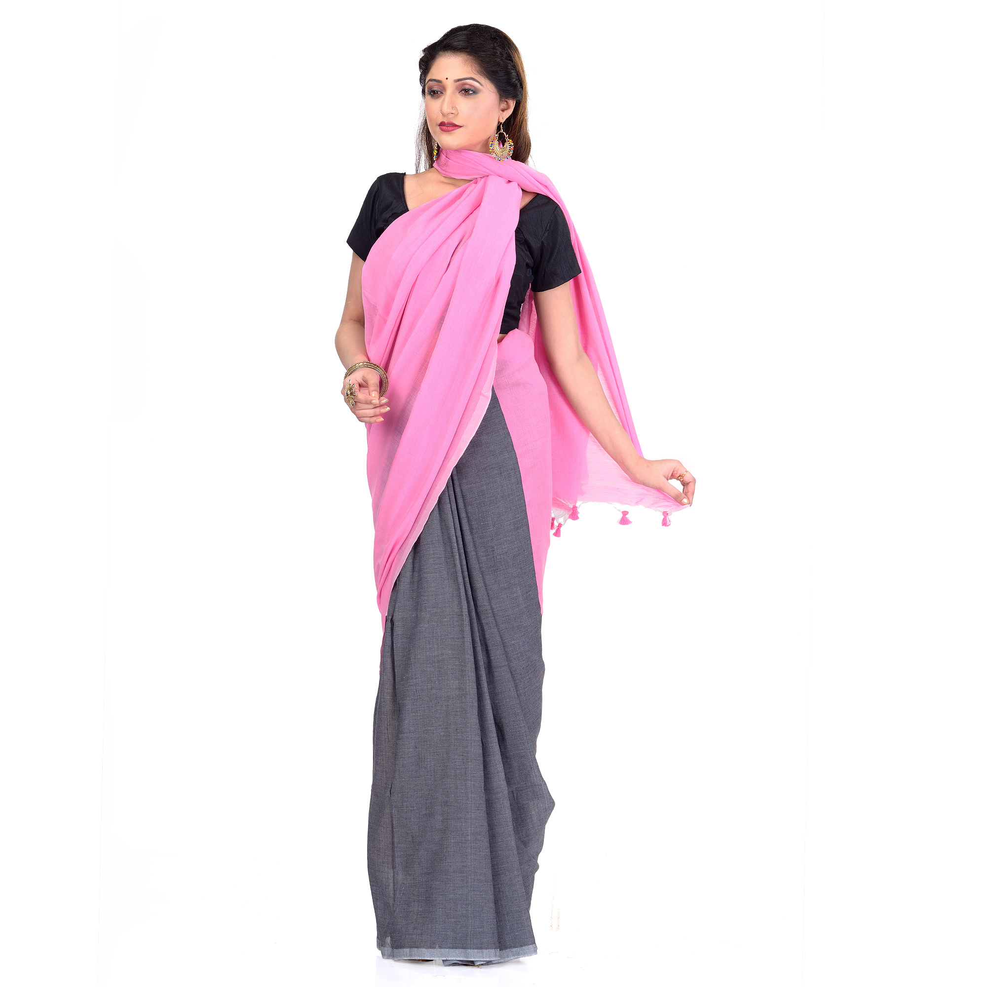 DESH BIDESH Women`s Bengal Half Half Ghicha Handloom Cotton Silk Saree With Blouse Piece (Grey Pink)